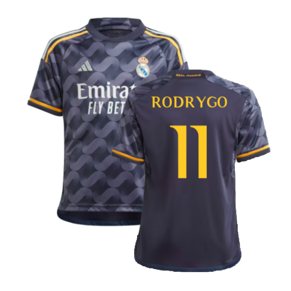 '23-'24 Real Madrid Away Shirt (Kids) (Rodrygo 11) Polyester Made By: Adidas Unisex Kids Navy Size 15-16