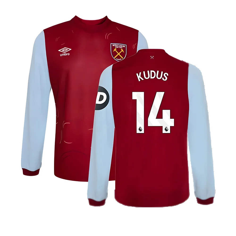 '23-'24 West Ham Long Sleeve Home Shirt (Kids) (Kudus 14) Polyester Made By: Umbro Unisex Kids Maroon Large