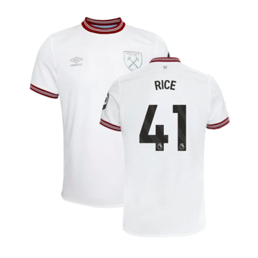 '23-'24 West Ham United Away Shirt (Kids) (Rice 41) Polyester Declan Rice Made By: Umbro Unisex Kids White Medium