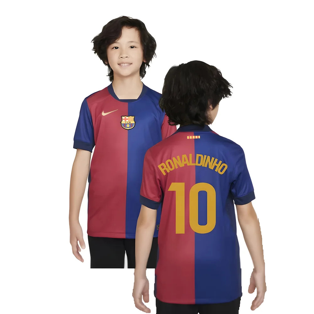 '24-'25 Barcelona Home Shirt (Sponsorless) - Kids (Ronaldinho 10) Polyester Made By: Nike Unisex Kids Red Large