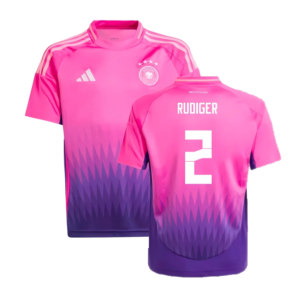 '24-'25 Germany Away Shirt (Kids) (Rudiger 2) Polyester Made By: Adidas Unisex Kids Pink Size 7-8
