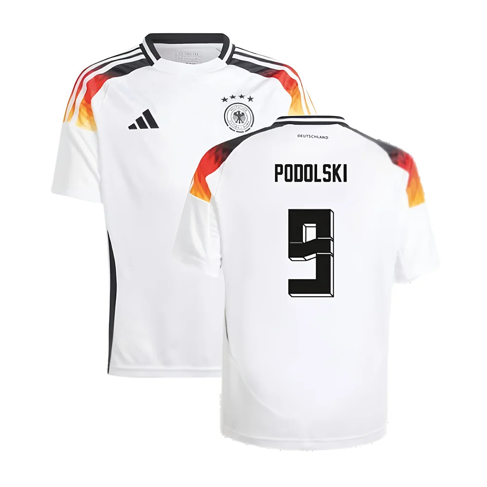 '24-'25 Germany Home Shirt (Kids) (Podolski 9) 7-8 Polyester Made By: Adidas Unisex Kids White Size 15-16