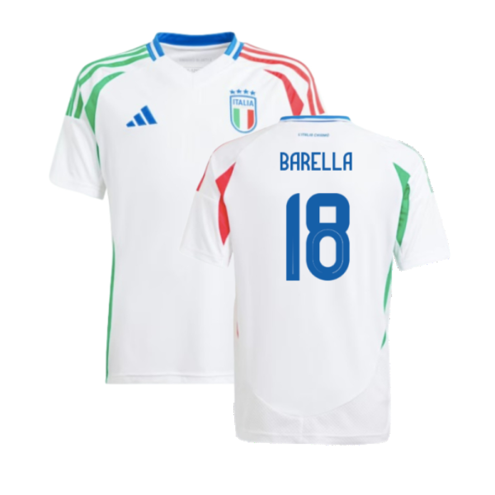 '24-'25 Italy Away Shirt (Kids) (Barella 18) Polyester Nicolò Barella Made By: Adidas Unisex Kids White Size 7-8