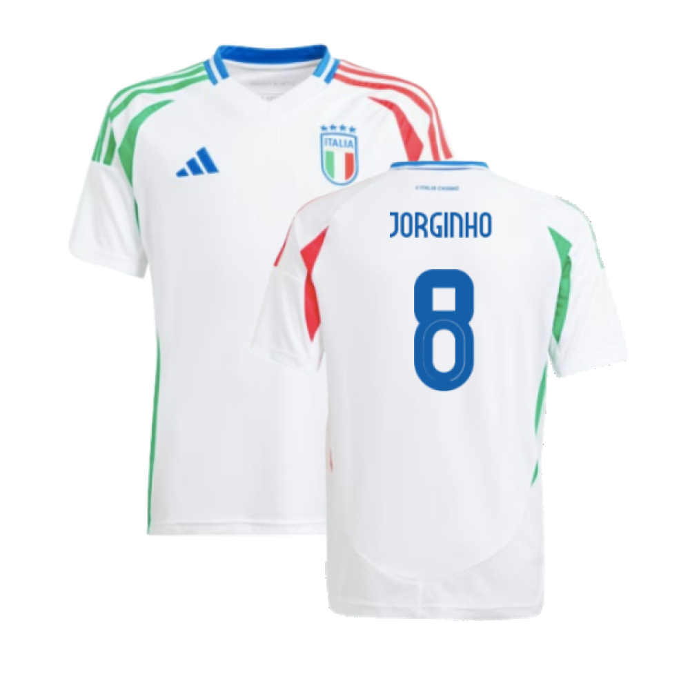 '24-'25 Italy Away Shirt (Kids) (Jorginho 8) Polyester Made By: Adidas Unisex Kids White Size 7-8