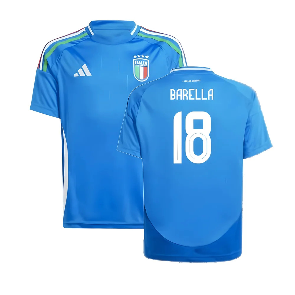 '24-'25 Italy Home Shirt (Kids) (Barella 18) 9-10 Polyester Nicolò Barella Made By: Adidas Unisex Kids Blue Size 15-16