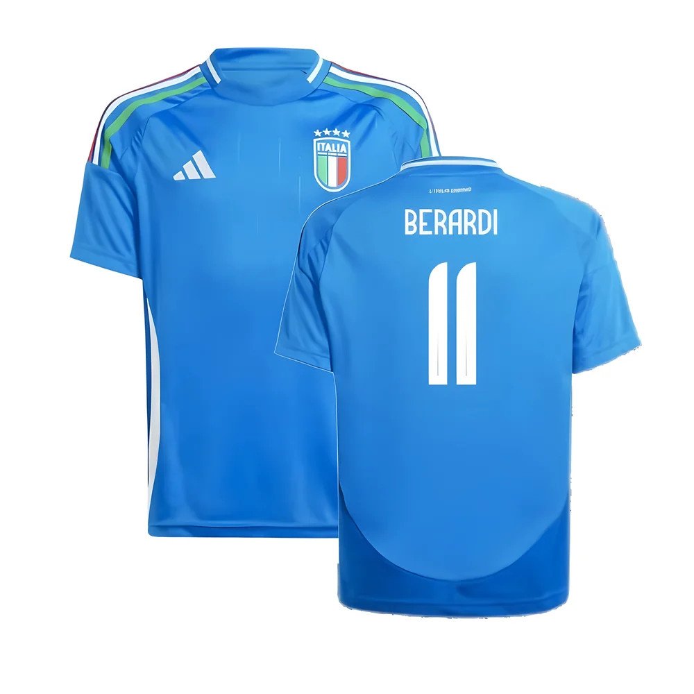'24-'25 Italy Home Shirt (Kids) (Berardi 11) 9-10 Polyester Domenico Berardi Made By: Adidas Unisex Kids Blue Size 11-12