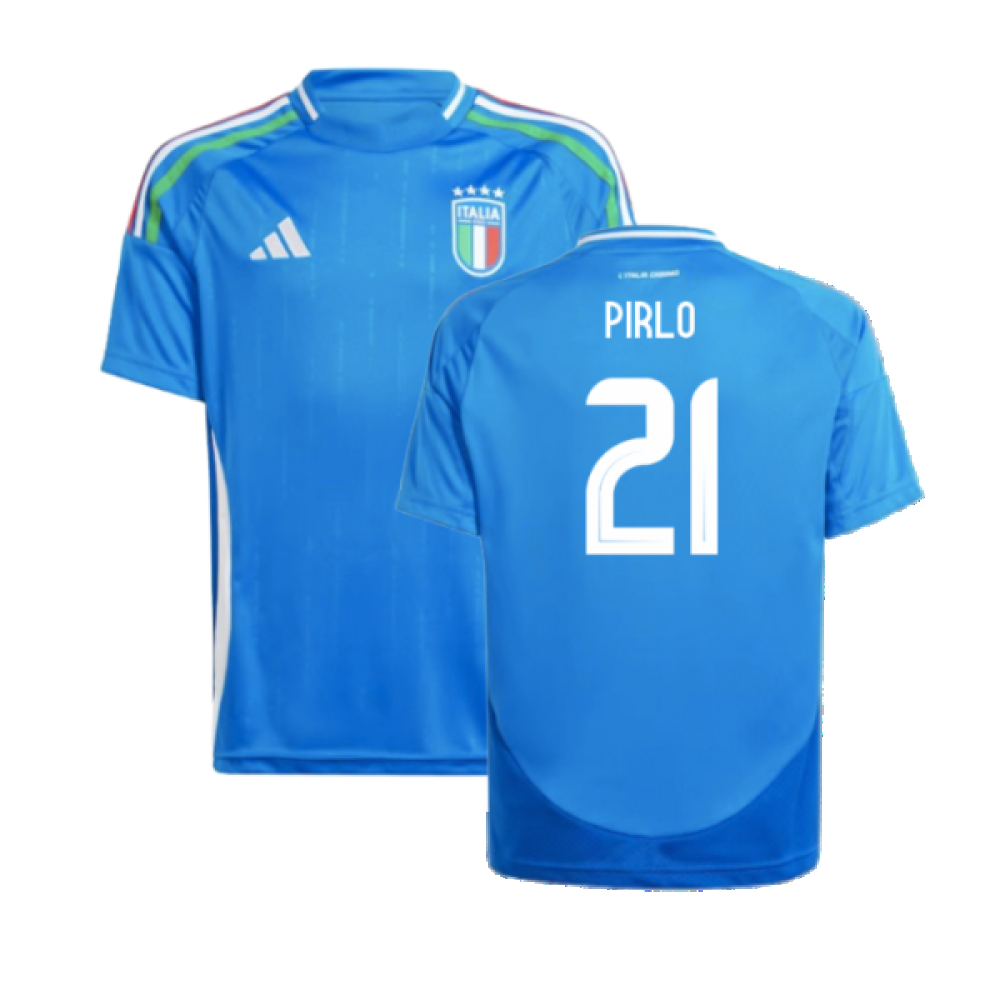 '24-'25 Italy Home Shirt (Kids) (Pirlo 21) 9-10 Polyester Andrea Pirlo Made By: Adidas Unisex Kids Blue Size 11-12