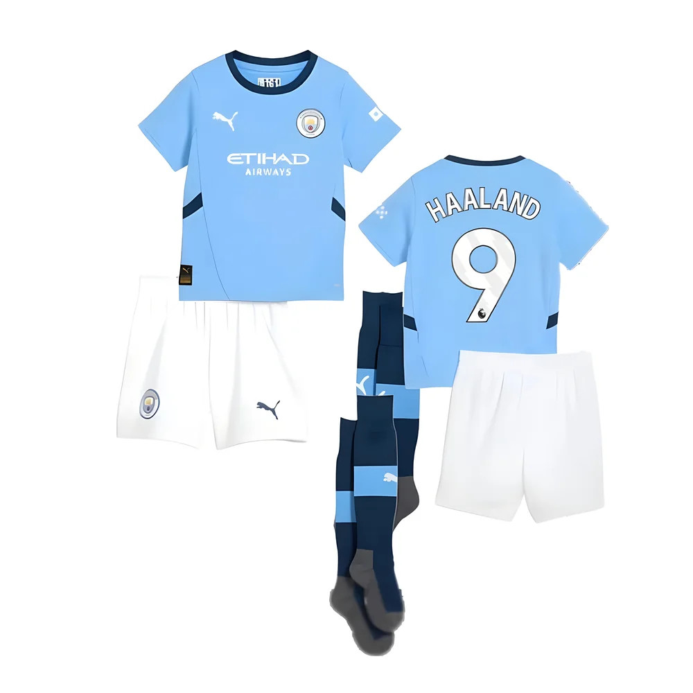 '24-'25 Man City Home Mini Kit (Haaland 9) Toddler's 1-2 Toddler Polyester Manchester City Made By: Puma Unisex Toddler Blue Size 5-6
