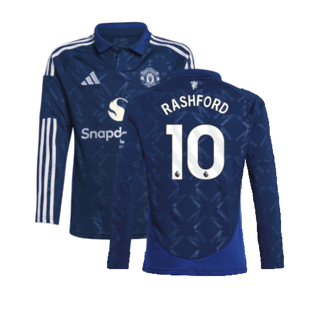 '24-'25 Man Utd Long Sleeve Away Shirt (Kids) (Rashford 10) 9-10 Polyester Manchester United Made By: Adidas Unisex Kids Navy Size 15-16