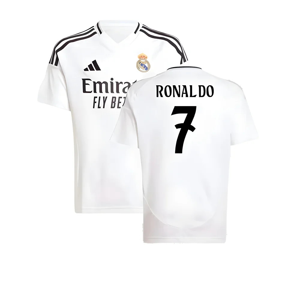 '24-'25 Real Madrid Home Shirt (Kids) (Ronaldo 7) Polyester Made By: Adidas Unisex Kids White Size 13-14