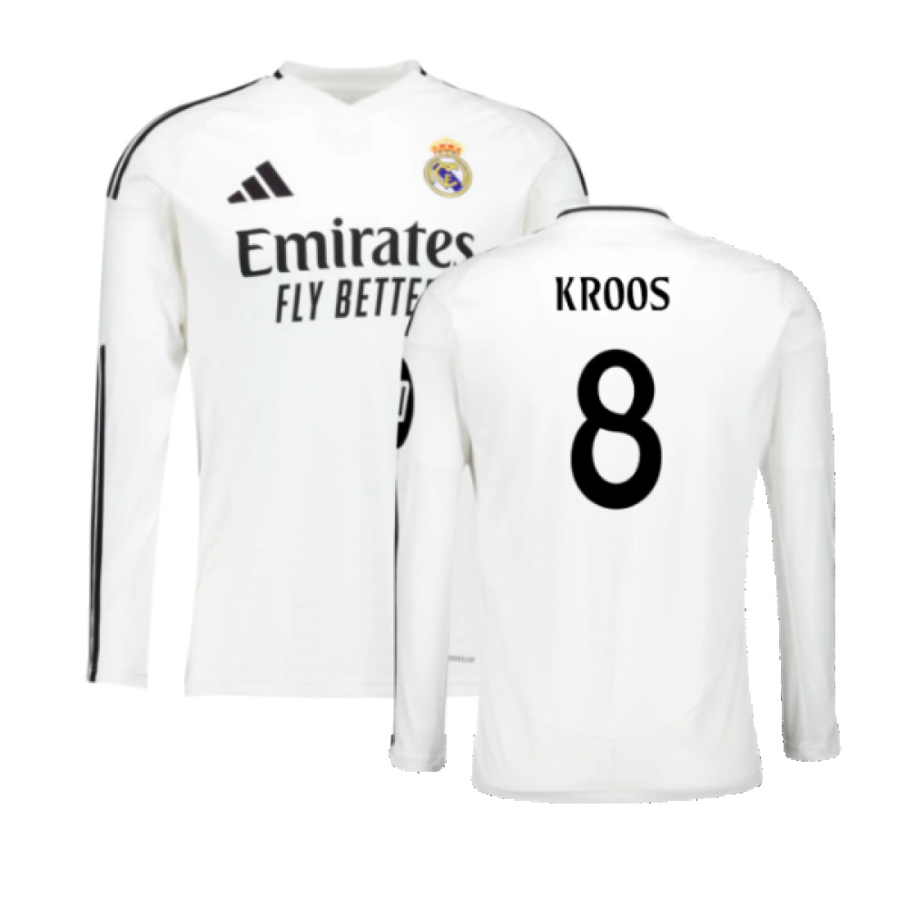 '24-'25 Real Madrid Long Sleeve Home Shirt (Kroos 8) Polyester Made By: Adidas Men's White Large