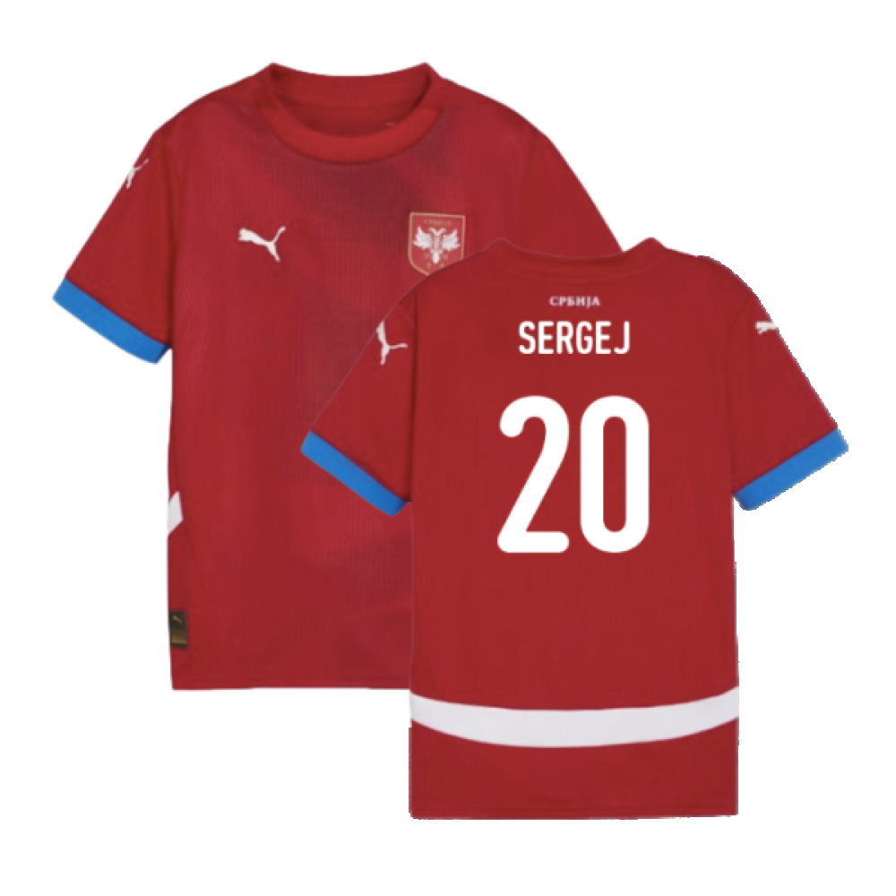 '24-'25 Serbia Home Shirt (Kids) (Sergej 20) Polyester Made By: Puma Unisex Kids Red Size 11-12