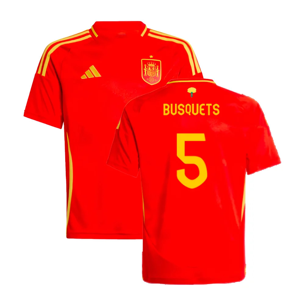 '24-'25 Spain Home Shirt (Kids) (Busquets 5) 7-8 Polyester Made By: Adidas Unisex Kids Red Size 9-10