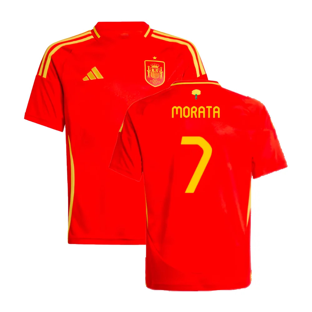 '24-'25 Spain Home Shirt (Kids) (Morata 7) 7-8 Polyester Made By: Adidas Unisex Kids Red Size 15-16