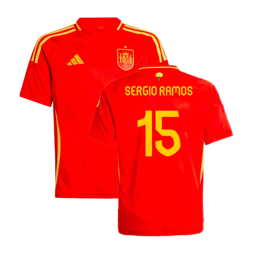 '24-'25 Spain Home Shirt (Kids) (Sergio Ramos 15) 7-8 Polyester Made By: Adidas Unisex Kids Red Size 11-12