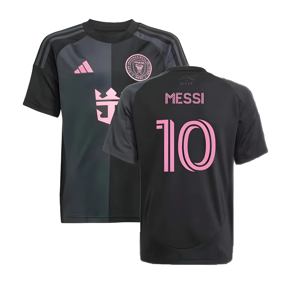 '25-'26 Inter Miami Away Shirt (Kids) (Messi 10) Polyester Made By: Adidas Unisex Kids Black Size 7-8
