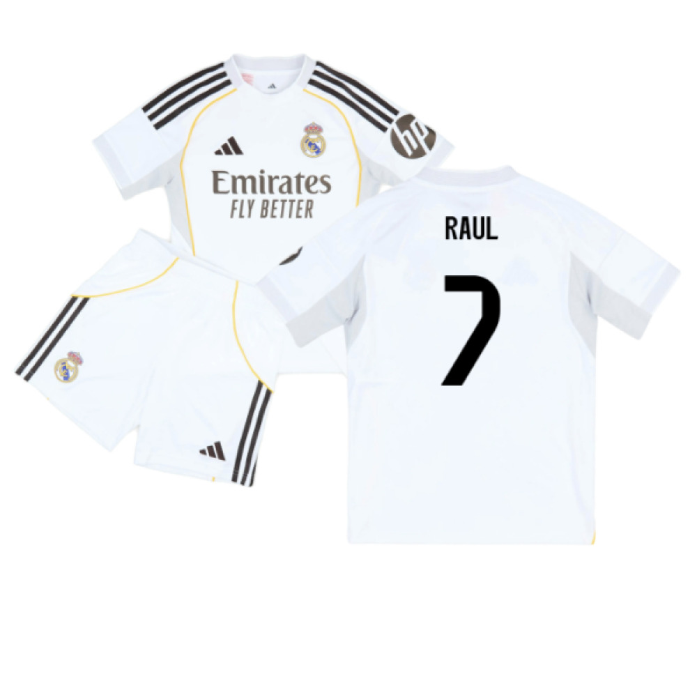'25-'26 Real Madrid Home Youth Kit (Raul 7) Kids Polyester Made By: Adidas Unisex Kids White Size 7-8