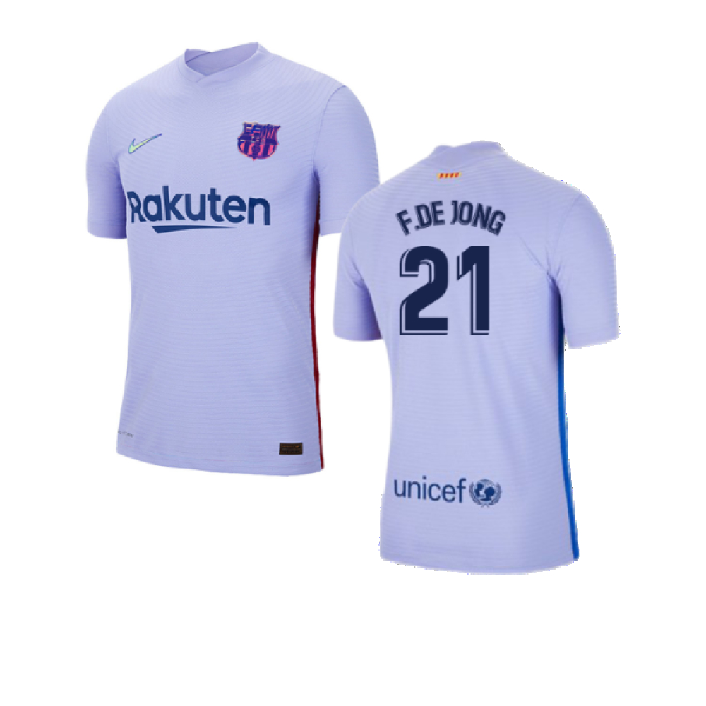'21-'22 Barcelona Away Shirt (Kids) (F.de Jong 21) Polyester Frenkie De Jong Made By: Nike Unisex Kids Purple Small