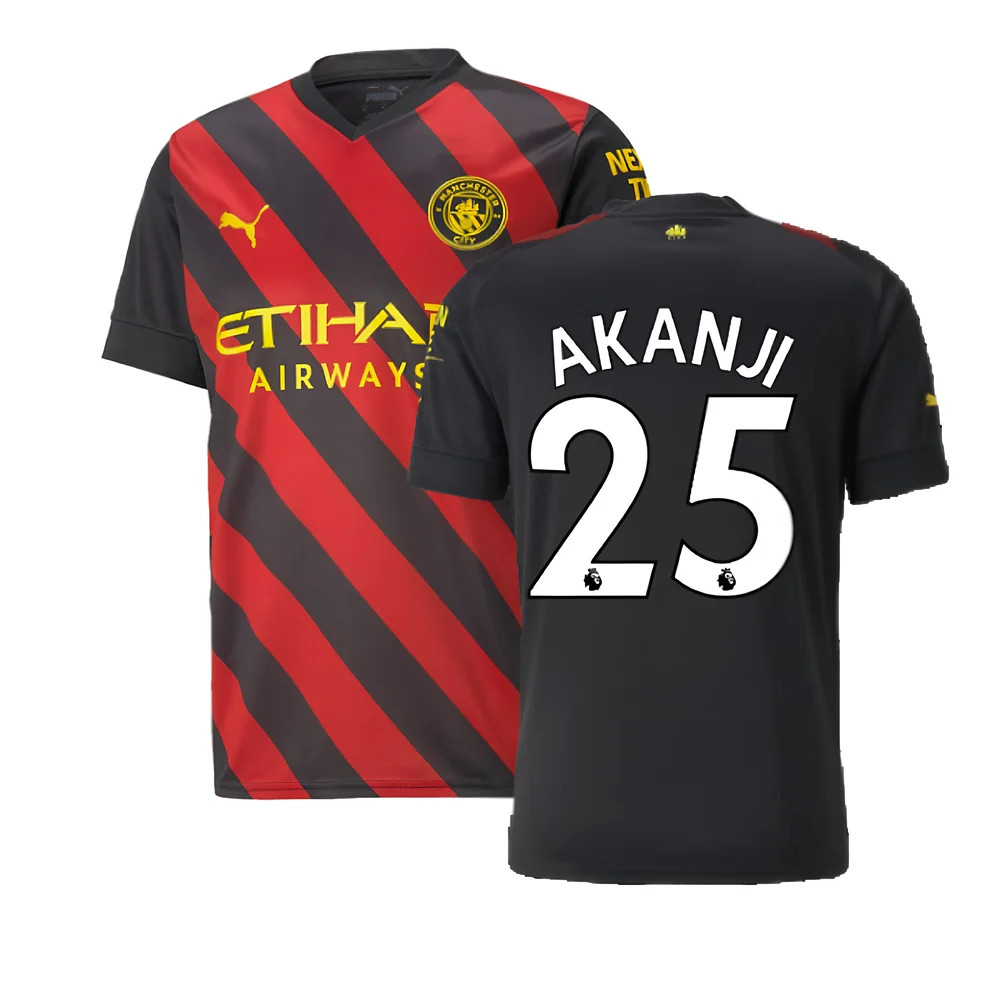 '22-'23 Man City Away Shirt (Akanji 25) Polyester Manuel Akanji Manchester City Made By: Puma Men's Red/Black Medium