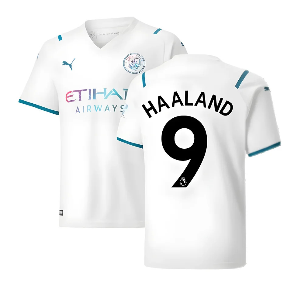 '21-'22 Man City Away Shirt (Kids) (Haaland 9) Polyester Erling Haaland Manchester United Made By: Puma Unisex Kids White Size 7-8