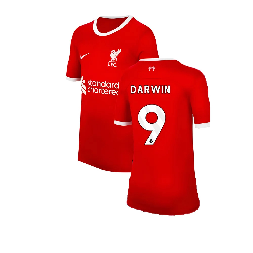 '23-'24 Liverpool Home Shirt (Kids) (Darwin 9) Polyester Made By: Nike Unisex Kids Red Extra Small