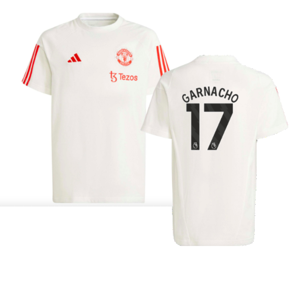 '23-'24 Man Utd Training Tee (White) - Kids (Garnacho 17) Polyester Manchester United Made By: Adidas Unisex Kids White Size 7-8