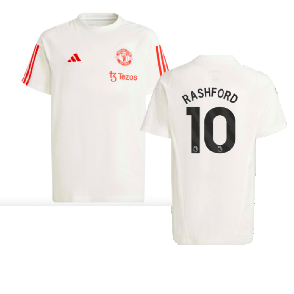 '23-'24 Man Utd Training Tee (White) - Kids (Rashford 10) Polyester Manchester United Made By: Adidas Unisex Kids White Size 7-8