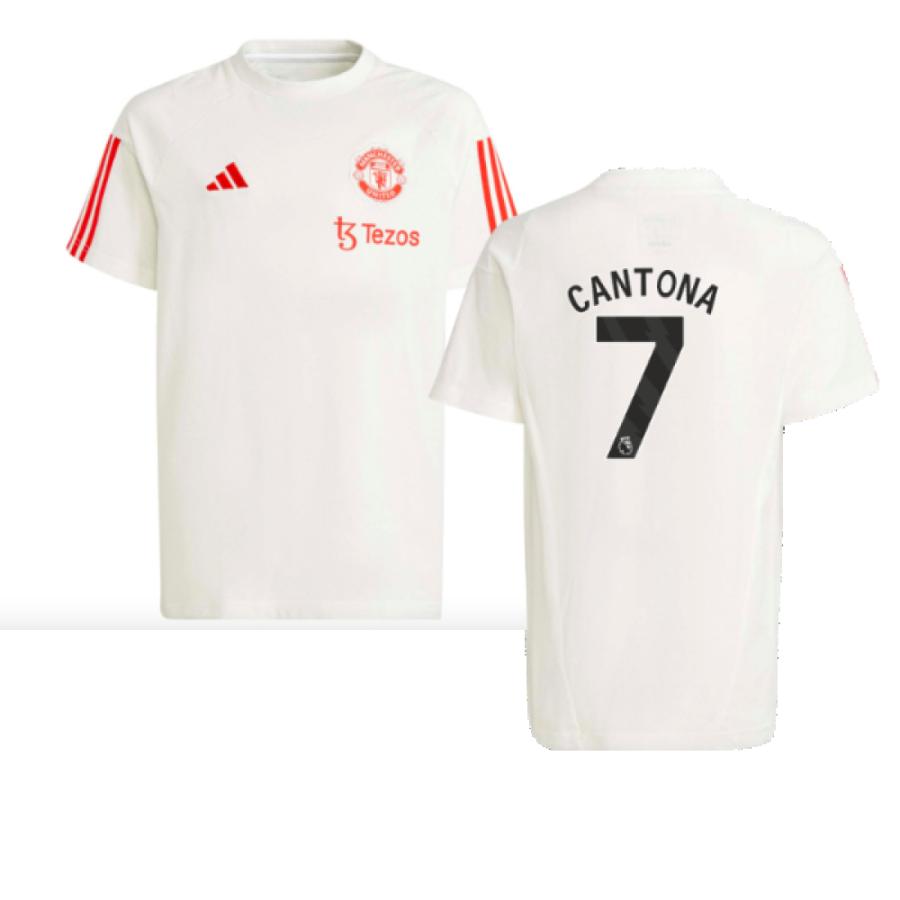 '23-'24 Man Utd Training Tee (White) - Kids (Cantona 7) Polyester Manchester United Made By: Adidas Unisex Kids White Size 7-8