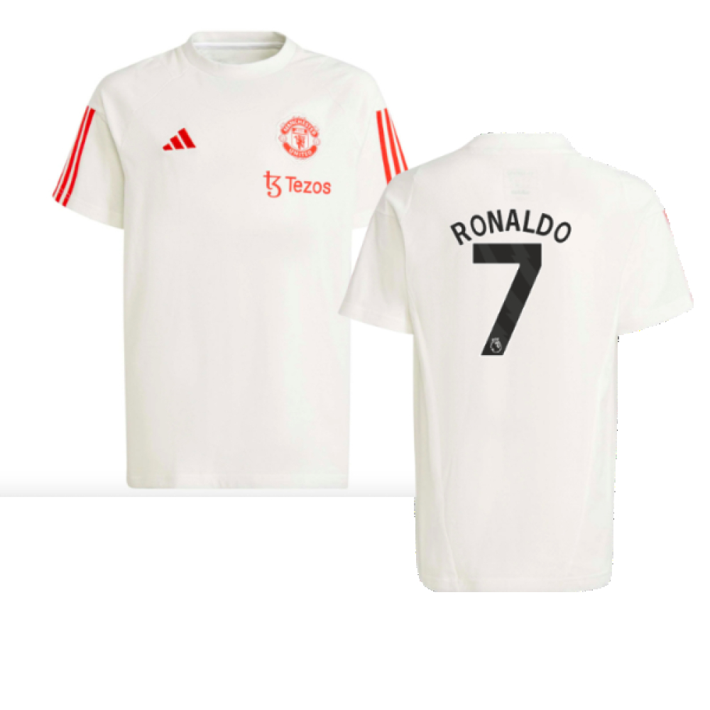 '23-'24 Man Utd Training Tee (White) - Kids (Ronaldo 7) Polyester Manchester United Made By: Adidas Unisex Kids White Size 7-8