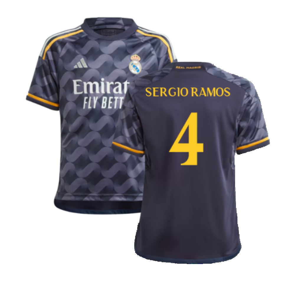 '23-'24 Real Madrid Away Shirt (Kids) (Sergio Ramos 4) Polyester Made By: Adidas Unisex Kids Navy Size 15-16