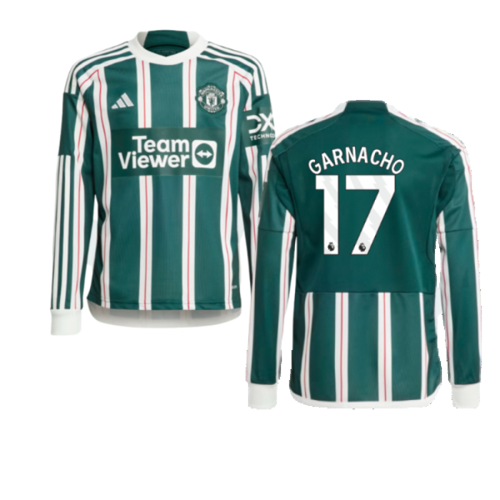'23-'24 Man Utd Away Long Sleeve Shirt (Kids) (Garnacho 17) Polyester Manchester United Made By: Adidas Unisex Kids Green Size 13-14