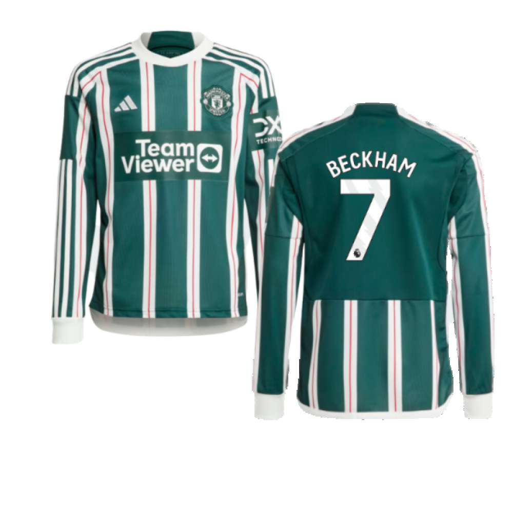 '23-'24 Man Utd Away Long Sleeve Shirt (Kids) (Beckham 7) Polyester Manchester United Made By: Adidas Unisex Kids Green Size 13-14