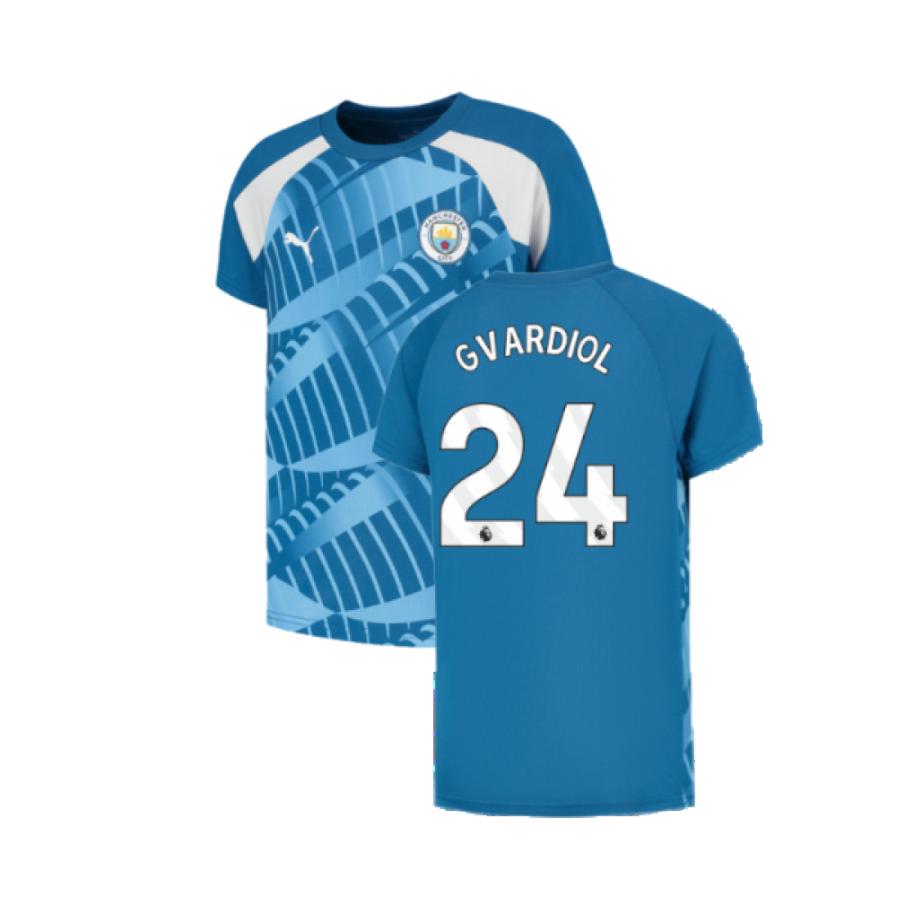'23-'24 Man City Pre-Match Jersey (Lake ) - Kids (Gvardiol 24) Polyester Manchester City Made By: Puma Unisex Kids Blue Size 9-10
