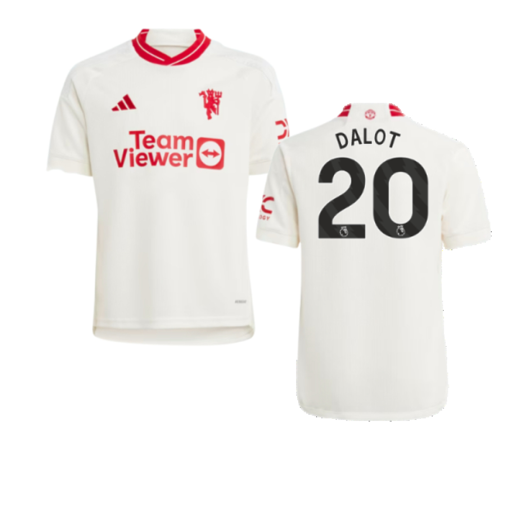 '23-'24 Man Utd Third Shirt (Kids) (Dalot 20) Polyester Manchester United Made By: Adidas Unisex Kids White Size 7-8