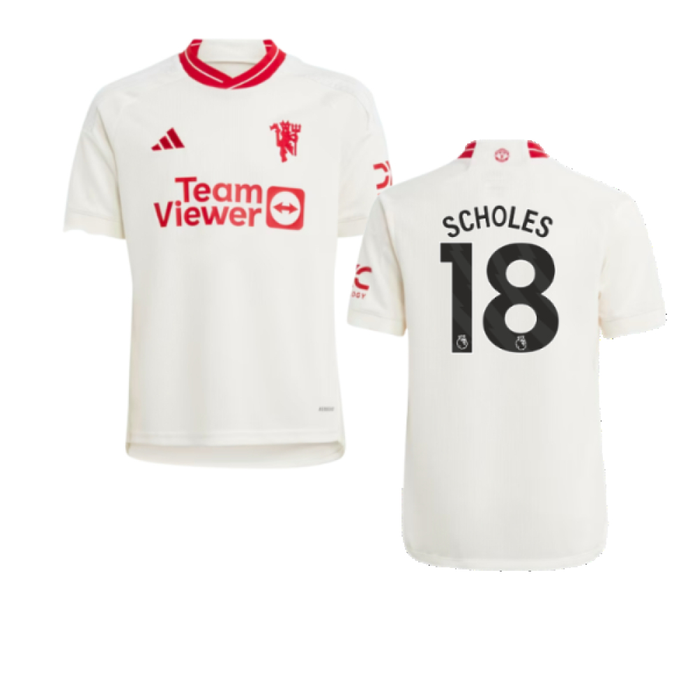 '23-'24 Man Utd Third Shirt (Kids) (Scholes 18) 7-8 Polyester Manchester United Made By: Adidas Unisex Kids White Size 13-14