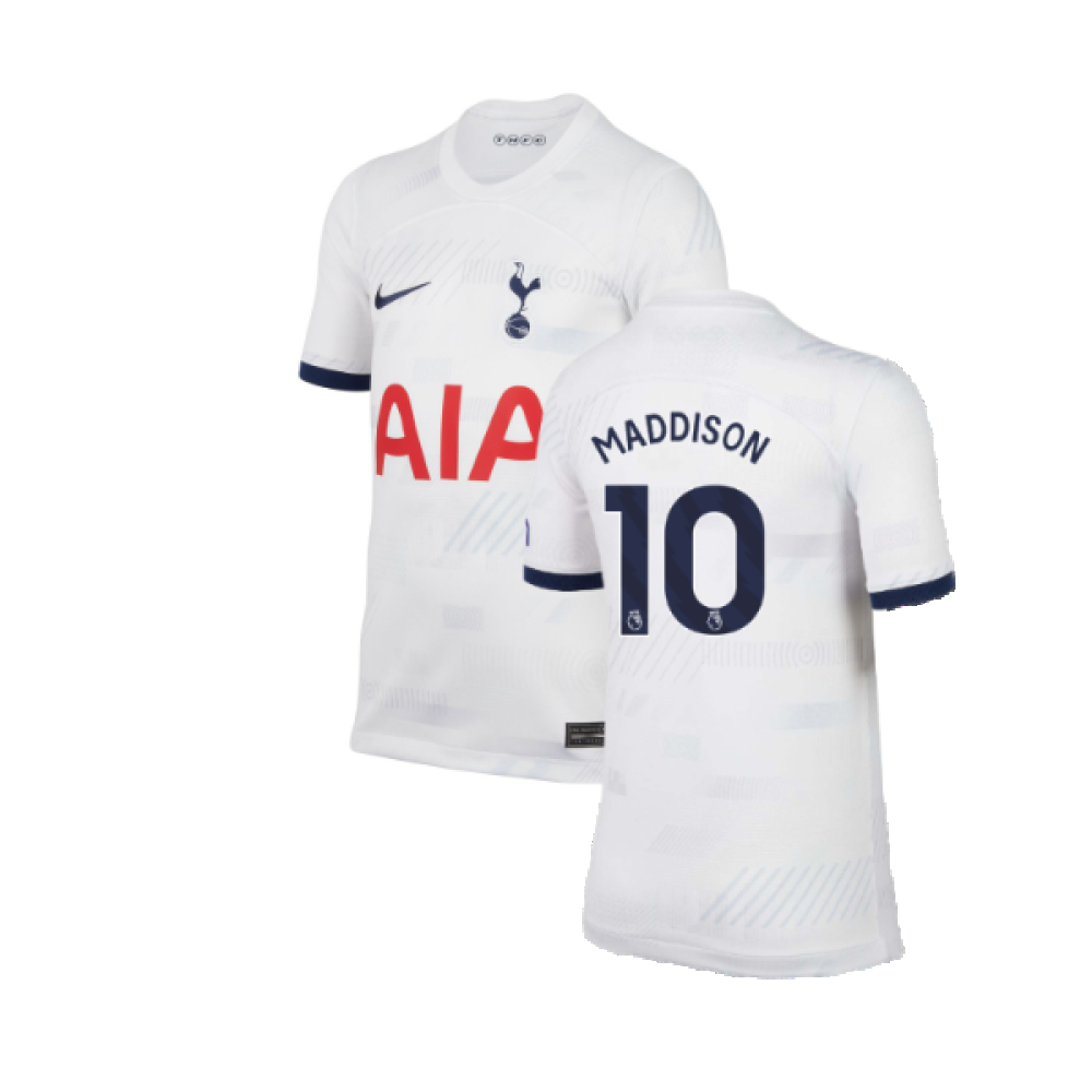 '23-'24 Tottenham Home Shirt (Kids) (Maddison 10) Polyester Made By: Nike Unisex Kids White Extra Small