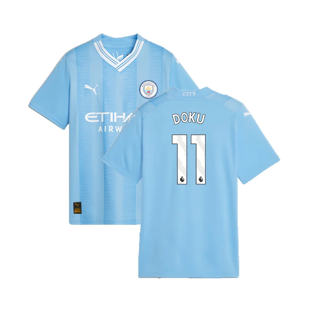'23-'24 Man City Home Shirt (Kids) (Doku 11) Polyester Manchester City Made By: Puma Unisex Kids Blue Size 9-10