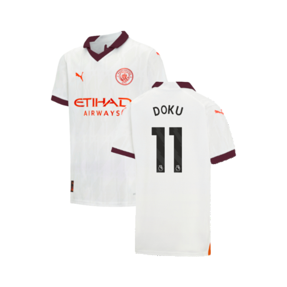 '23-'24 Man City Away Shirt (Kids) (Doku 11) Polyester Manchester City Made By: Puma Unisex Kids White Size 7-8