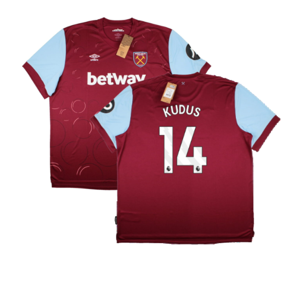 '23-'24 West Ham United Home Shirt (Kudus 14) Polyester Made By: Umbro Men's Claret Extra Large