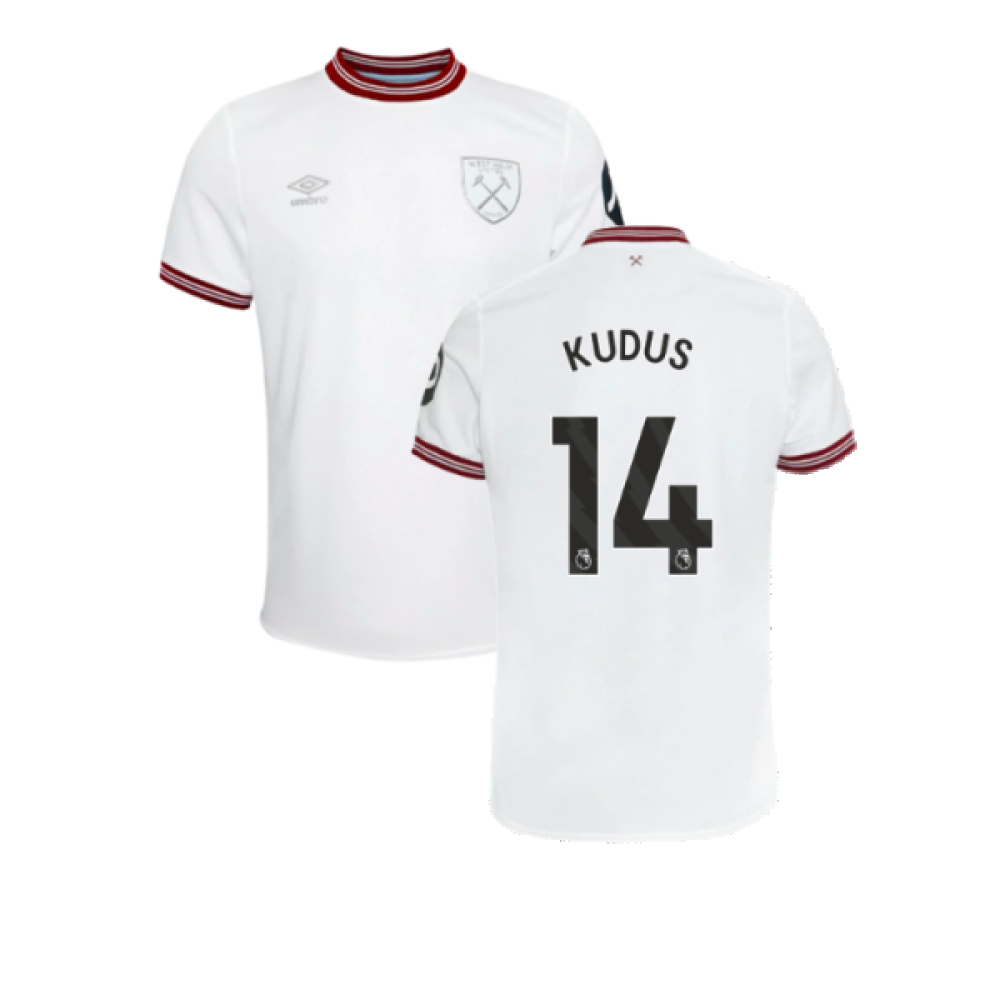 '23-'24 West Ham United Away Shirt (Kids) (Kudus 14) Polyester Made By: Umbro Unisex Kids White Small