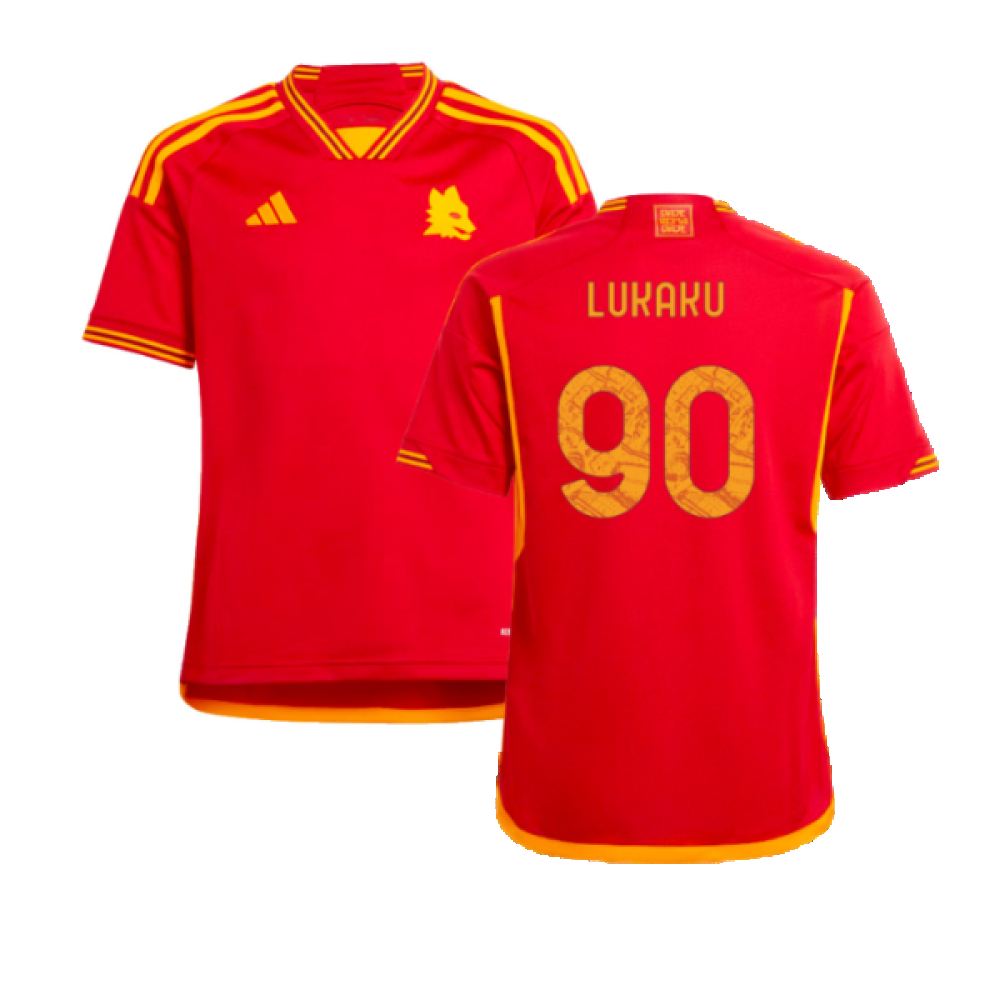 '23-'24 Roma Home Shirt (Kids) (Lukaku 90) Polyester Romelu Lukaku Made By: Adidas Unisex Kids Red Size 9-10