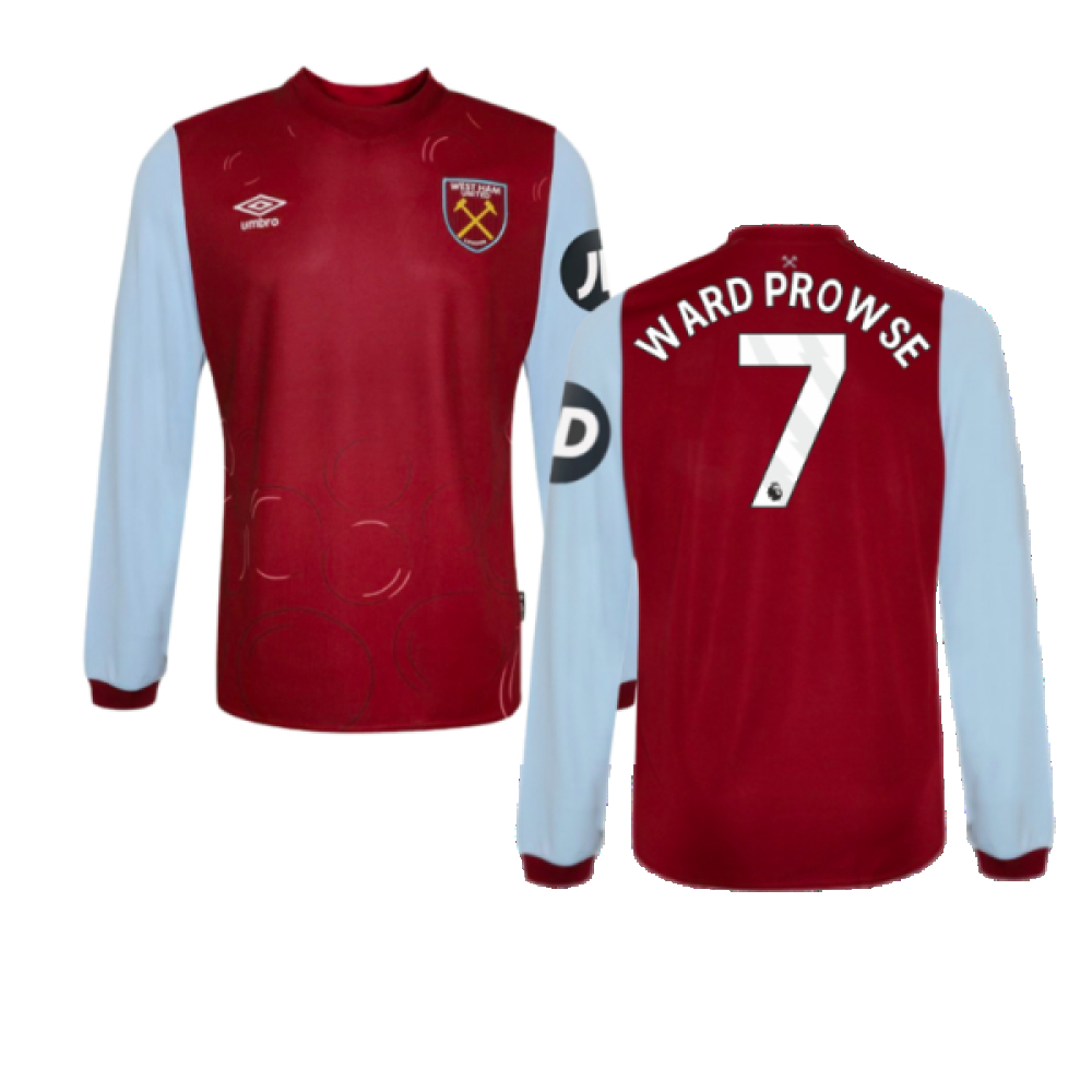 '23-'24 West Ham Long Sleeve Home Shirt (Kids) (Ward Prowse 7) Polyester James Ward-Prowse Made By: Umbro Unisex Kids Maroon Large