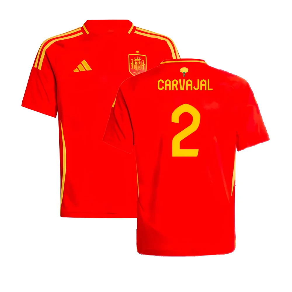 '24-'25 Spain Home Shirt (Kids) (Carvajal 2) 7-8 Polyester Made By: Adidas Unisex Kids Red Size 11-12