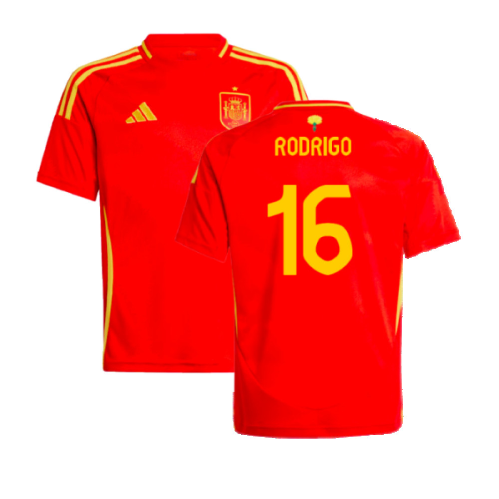 '24-'25 Spain Home Shirt (Kids) (Rodrigo 16) 7-8 Polyester Made By: Adidas Unisex Kids Red Size 9-10