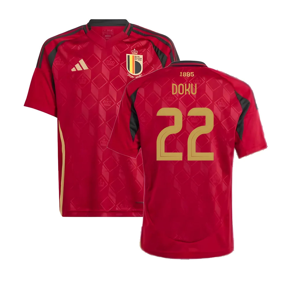'24-'25 Belgium Home Shirt (Kids) (Doku 22) Polyester Made By: Adidas Unisex Kids Red Size 7-8
