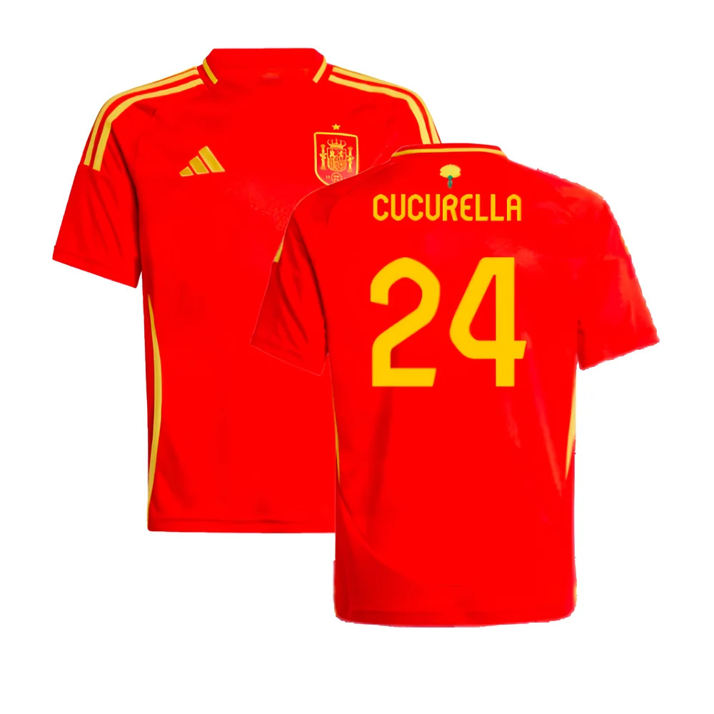 '24-'25 Spain Home Shirt (Kids) (Cucurella 24) Polyester Made By: Adidas Unisex Kids Red Size 7-8