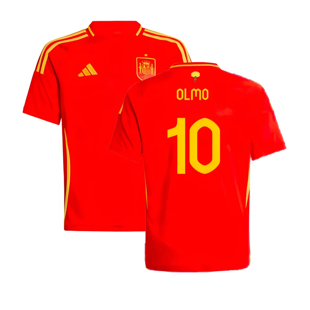 '24-'25 Spain Home Shirt (Kids) (Olmo 10) 7-8 Polyester Made By: Adidas Unisex Kids Red Size 11-12