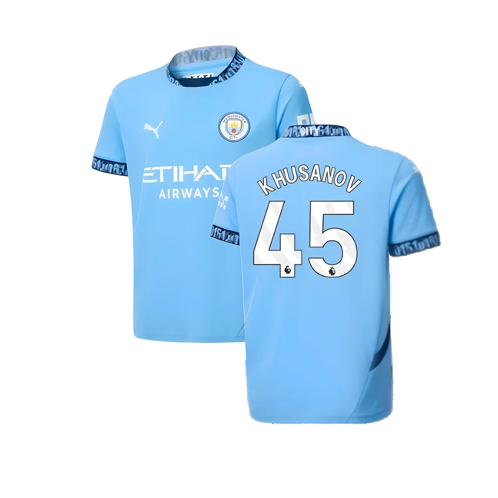 '24-'25 Man City Home Shirt (Kids) (Khusanov 45) 9-10 Polyester Manchester City Made By: Puma Unisex Kids Blue Size 13-14
