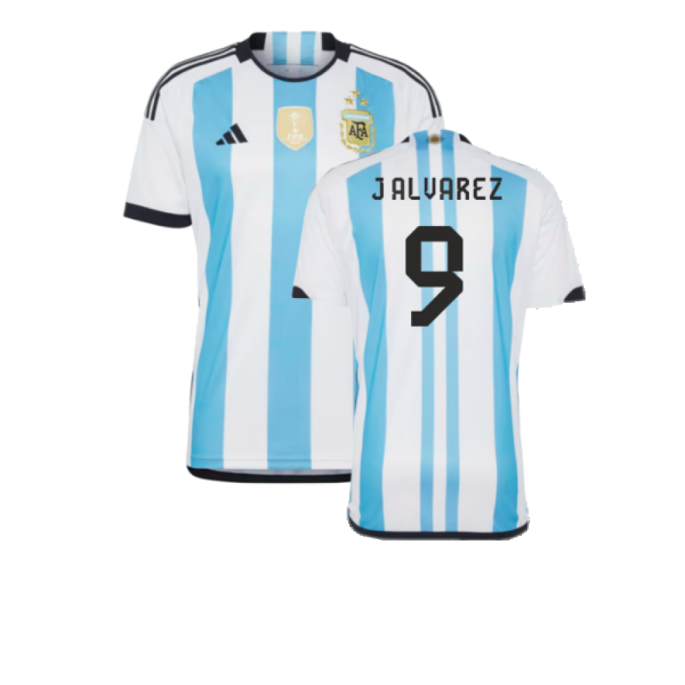 Argentina 2022 World Cup Winners Home Shirt (J Alvarez 9) Polyester Julian Alvarez Made By: Adidas Men's Blue 3XL