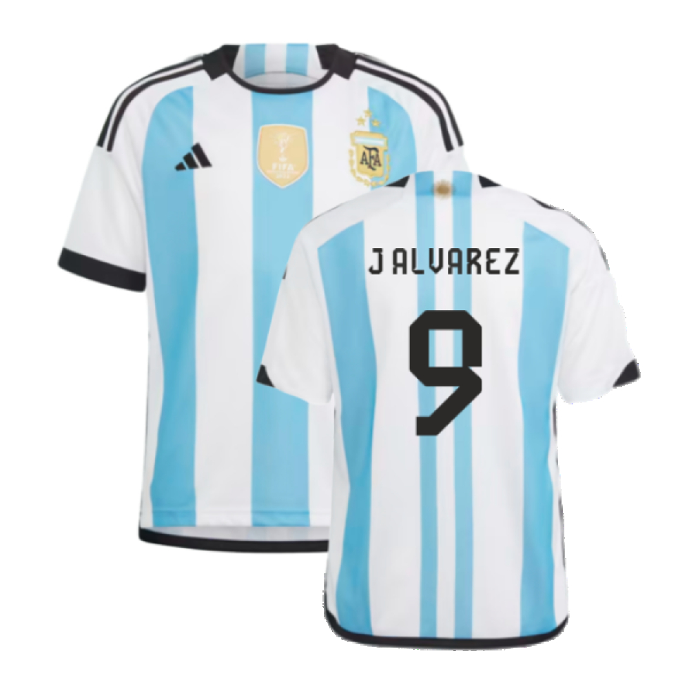 Argentina 2022 World Cup Winners Home Shirt - Kids (J Alvarez 9) Polyester Julian Alvarez Made By: Adidas Unisex Kids Blue Size 13-14